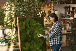 Creative lady gluing green plant on picture